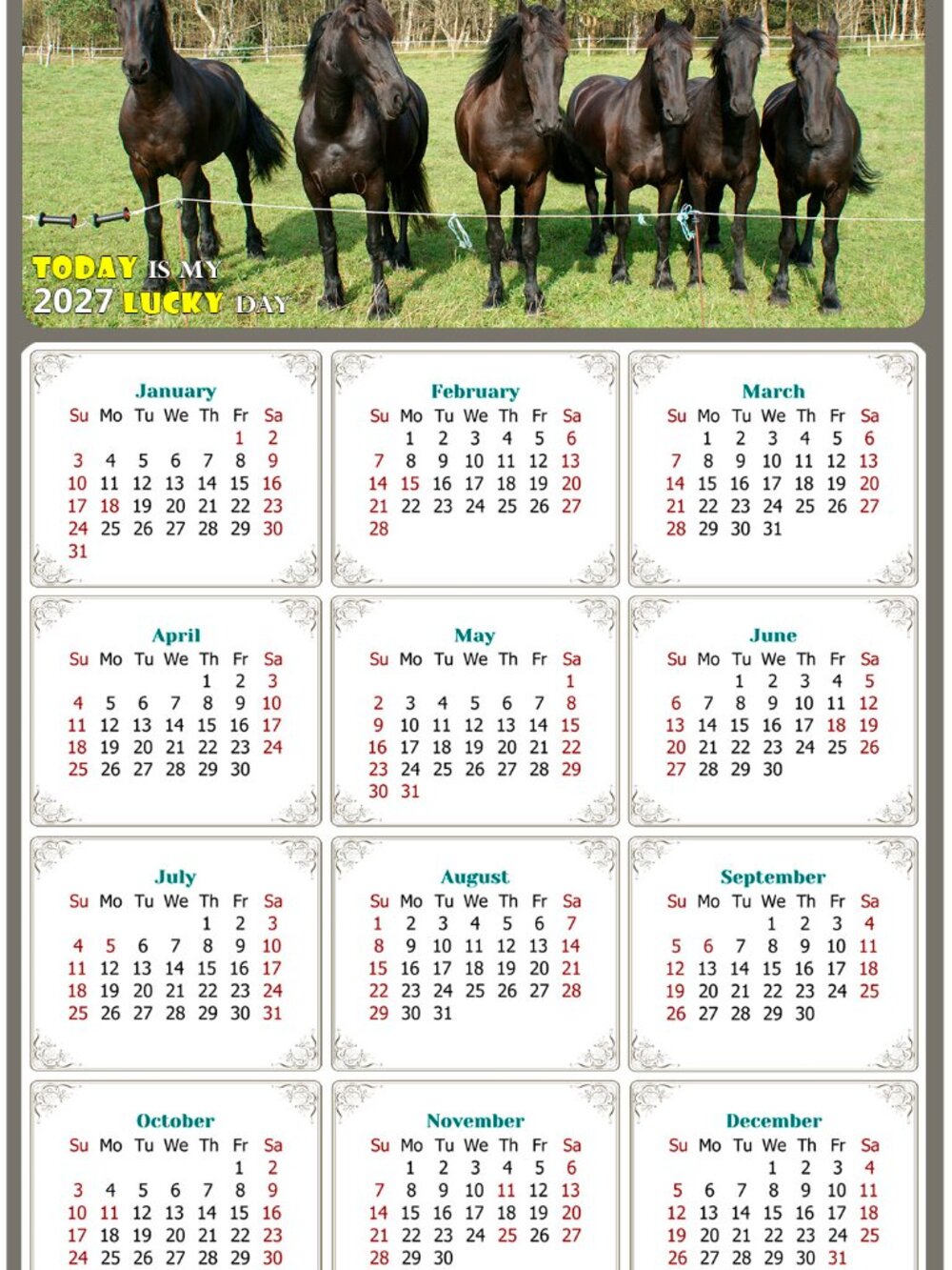 2027 Magnetic Calendar - Today is my Lucky Day - Horses Themed 06 (5.25 x 8)